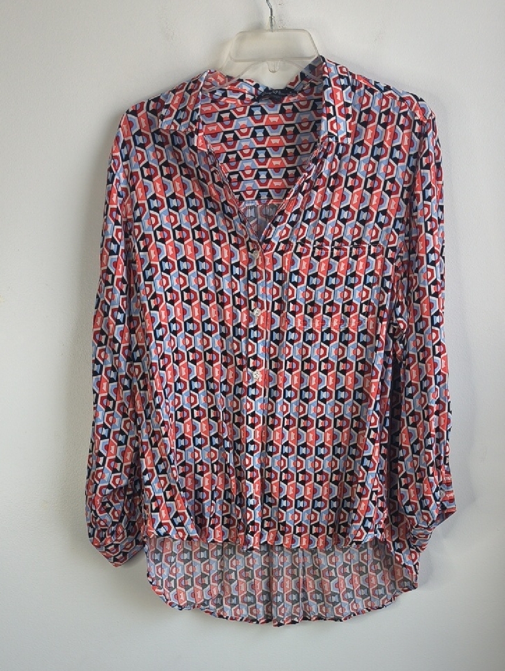 Velvet Heart Geometric Button-Down Blouse in Red, Blue & White